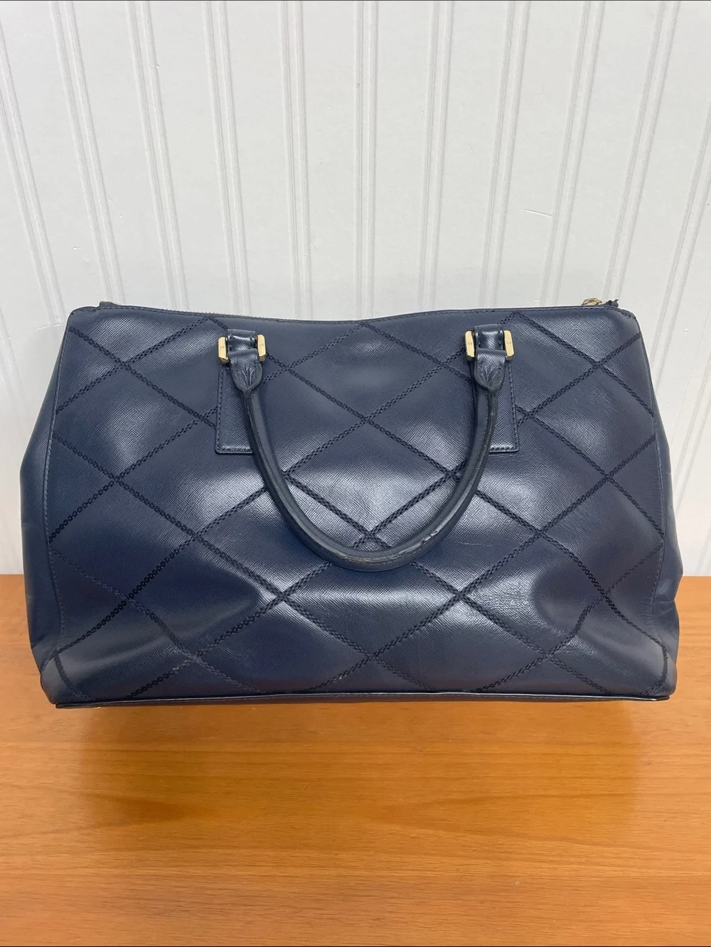 Tory Burch Quilted Navy Leather Top-Handle Satchel with Gold Hardware